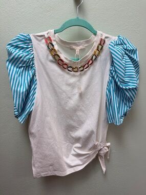 White Top with Blue Striped Puff Sleeves
